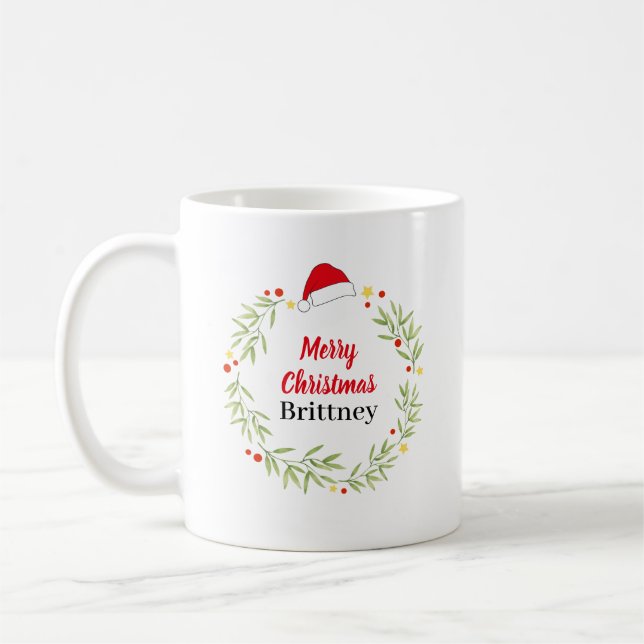 Taza De Café Feliz Navidad Santa Hat Wreath personalizado (Izquierda)