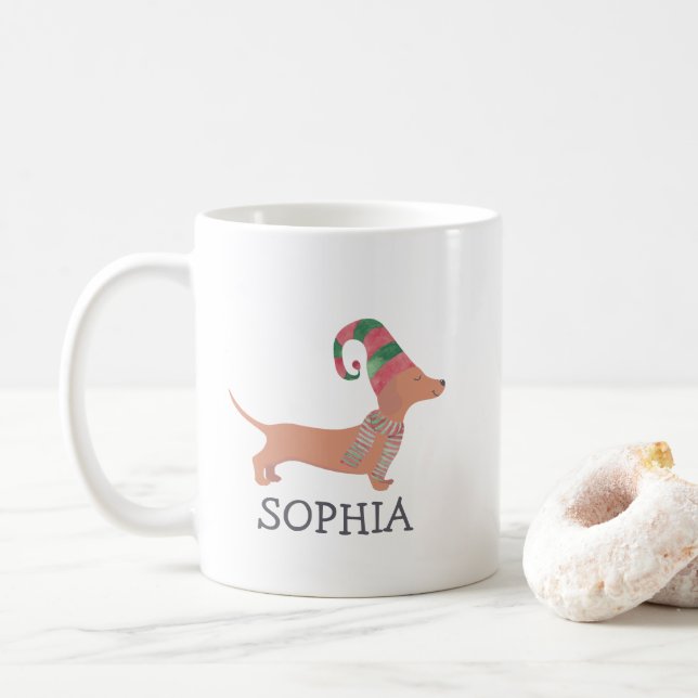 Taza De Café Feliz Navidad Simple Cute Perro Dachshund (Con donut)