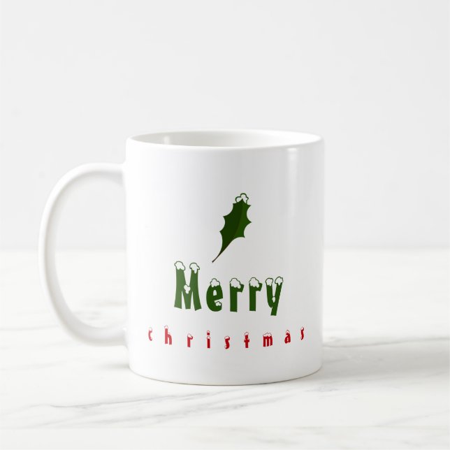 Taza De Café "Feliz Navidad" Snowy Holly Leaf rojo y verde (Izquierda)