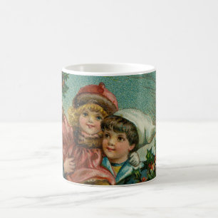 Taza De Café Feliz Navidad - tarjeta postal retro, niños, acebo