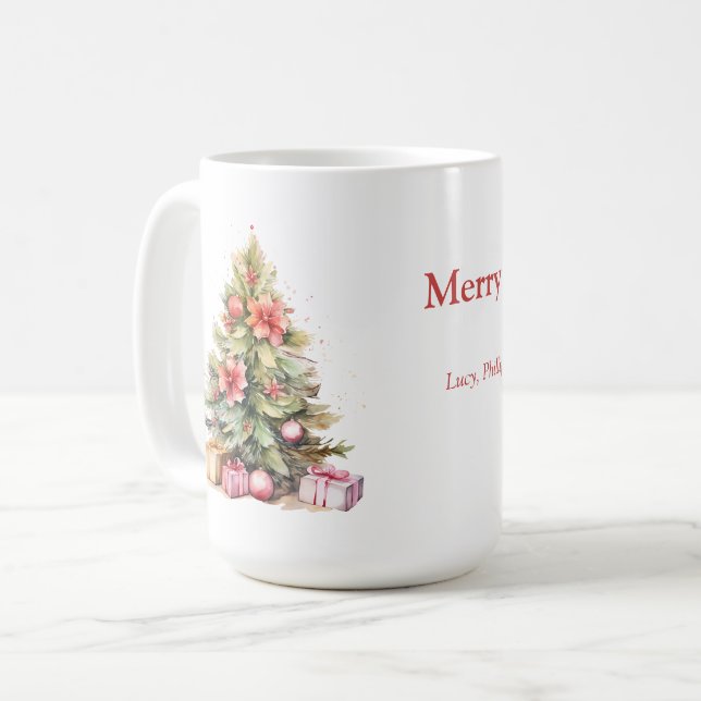 Taza De Café Feliz Navidad Texto personalizado Árbol de Navidad (Anverso izquierdo)