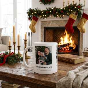 Taza De Café Feliz Navidad Tipografía Negra Regalo de 3 Fotos