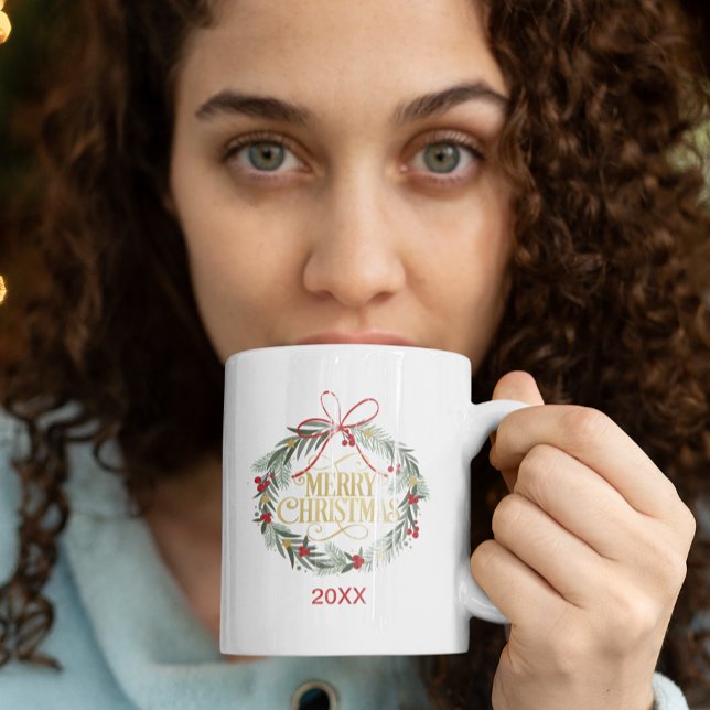 Taza De Café Feliz Navidad Wreath Holiday Café Mug (Modern Elegant Merry Christmas Mug)