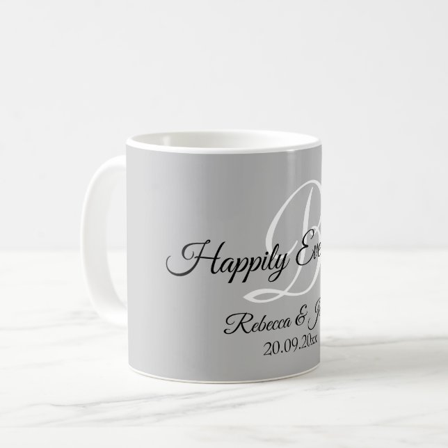 Taza De Café Feliz Nunca Después De Monograma Gris (Anverso izquierdo)