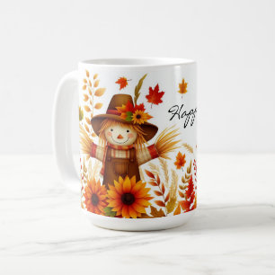 Taza De Café Feliz otoño, escarecrow y follaje otoñal