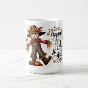 Taza De Café Feliz otoño, espantapájaros y follaje otoñal