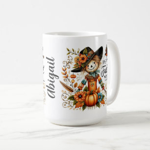 Taza De Café Feliz otoño, espantapájaros y follaje otoñal