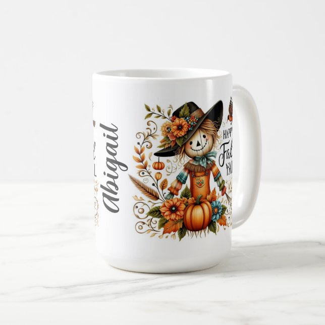 Taza De Café Feliz otoño, espantapájaros y follaje otoñal (Anverso derecho)