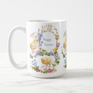 Taza De Café Feliz Pascua Aquarela Pollitos Corona Floral