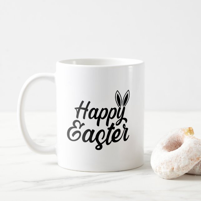 Taza De Café Feliz Pascua, Arejas Conejitas En Texto Negro (Con donut)