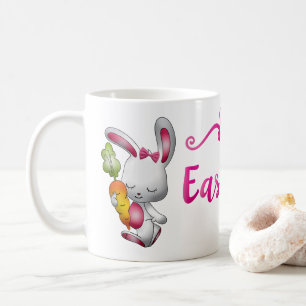 Taza De Café Feliz Pascua Conejo Blanco Escritura Rosa Personal