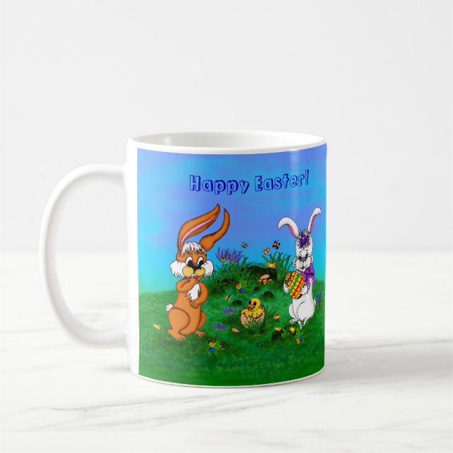 Taza De Café ¡Feliz Pascua! Conejo con conejo y pollo (Izquierda)