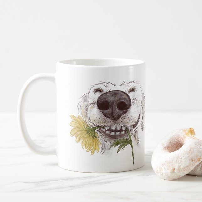 Taza De Café Feliz perro・con un crisantemo amarillo (Con donut)
