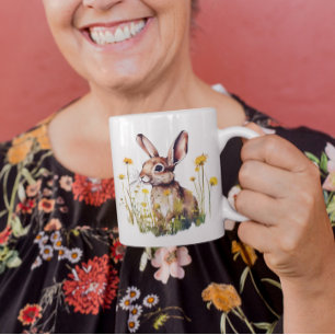 Taza De Café Feliz primavera acuarela Rabbit Flores amarillas M