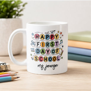 Taza De Café Feliz Primer Día de Escuela Nombre Personalizado