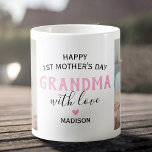 Taza De Café Feliz primera foto de la abuela del día de la madr<br><div class="desc">La abuela del primer Día de la Madre muestra el lindo dicho "feliz abuela del primer día de la madre",  dos fotos del nieto,  un corazón rosado y el nombre de los niños.</div>