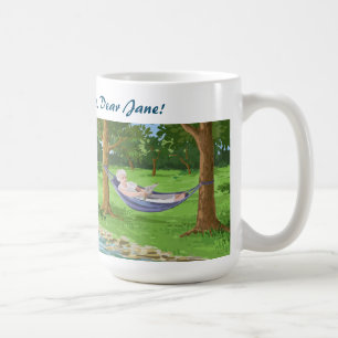 Taza De Café Feliz retiro nombre personalizado dama en hamaca