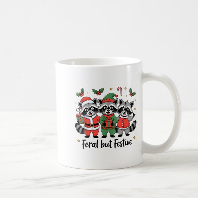 Taza De Café Feral But Festive Funny Christmas Cute Raccoon Elf (Derecha)