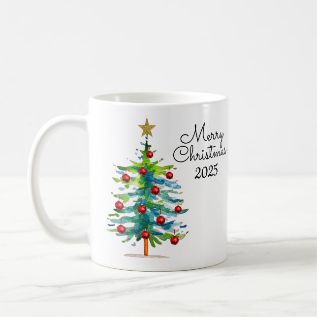 Taza De Café Festive Christmas Tree With Red Ornaments (Izquierda)