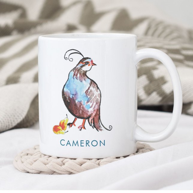 Taza De Café Festividad de Boho Pear Tree de pergamino azul per (Our blue Partridge in a Pear Tree mug has a red bird to match. Personalization goes in chic type.)