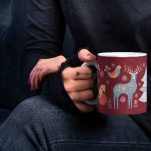Taza De Café Festividad floral de los renos nórdicos rojos