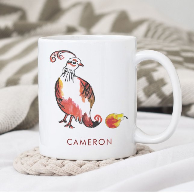 Taza De Café Festividad personalizada de Pear Cute Boho (This personalized Christmas Partridge in a Pear tree mug features a cute red bird drawn by hand.)