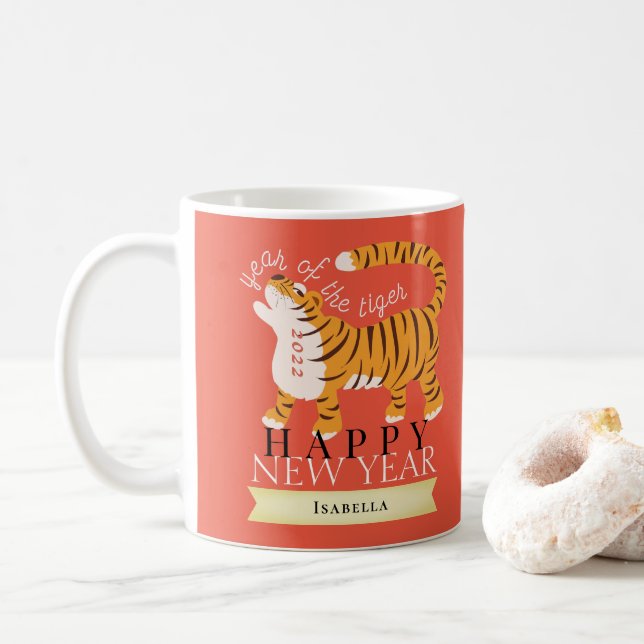 Taza De Café Festividad roja del Año Nuevo Chino Tigre 2022 (Con donut)