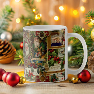 Taza De Café Festividad Vintage Navidad Ephemera Collage-Gold