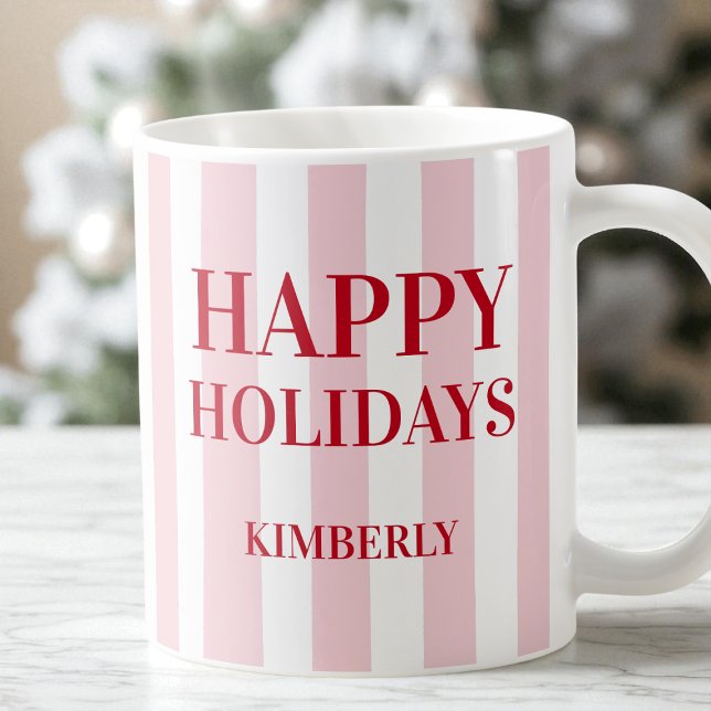 Taza De Café Festividades Felices Personalizadas De Rayas Rosad (Modern Pink Striped Personalized Happy Holidays Coffee Mug)