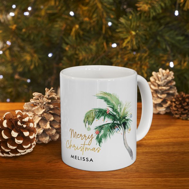 Taza De Café Festividades personalizadas del Árbol de palma nav (Christmas Holidays Coastal Palm Tree Personalized White 11oz Coffee Mug)