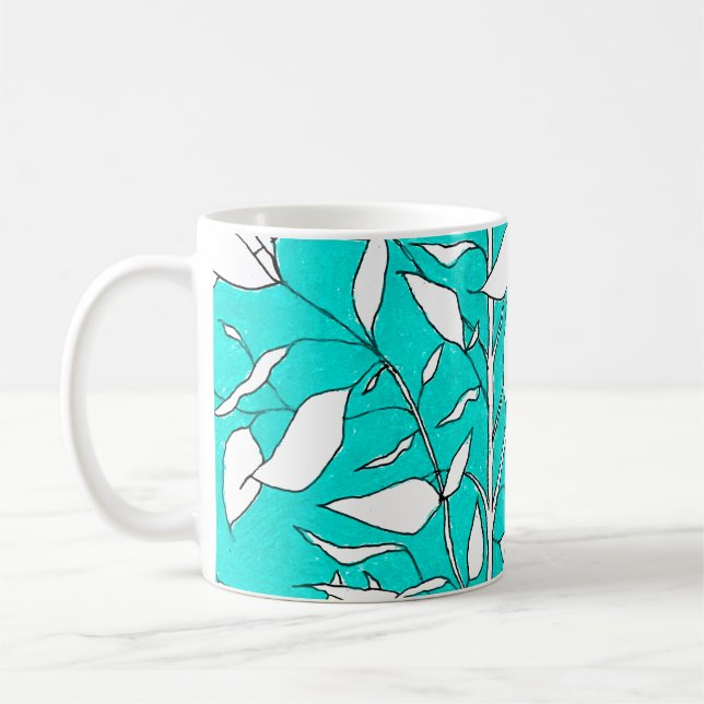 Taza De Café Ficus Tree Plant Line Drawing Blue Background (Izquierda)