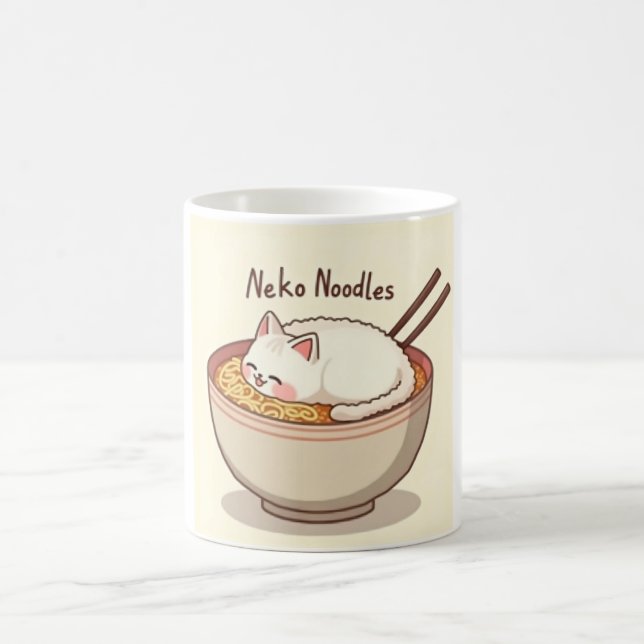 Taza De Café Fideos Neko - Gato Kawaii en Ramen Bowl Illustrati (Centro)