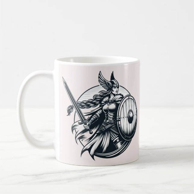 Taza De Café Fierce Valkyrie Warrior - Norse Mythology Line Art (Izquierda)