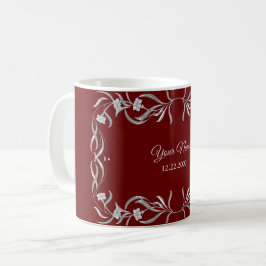 Taza De Café Fiesta de Boda Vintage Floral Plata Nombre Rojo
