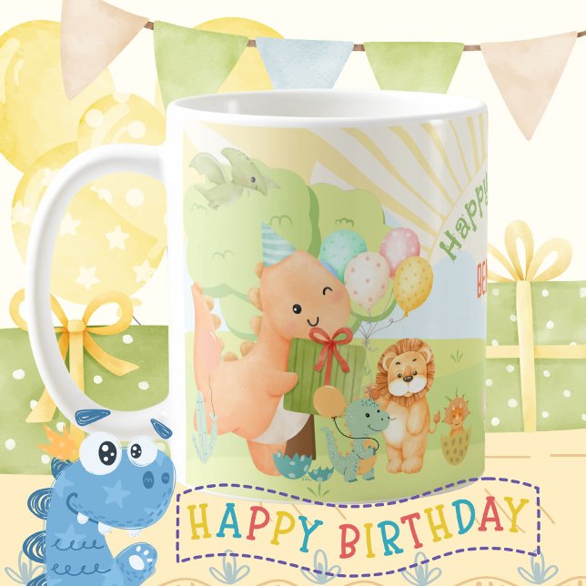 Taza De Café Fiesta de cumpleaños de dinosaurios para niños con (Kids Dinosaur Birthday Party Watercolor Coffee Mug ©Susanne Sachers - Sunny Mind 🌞)