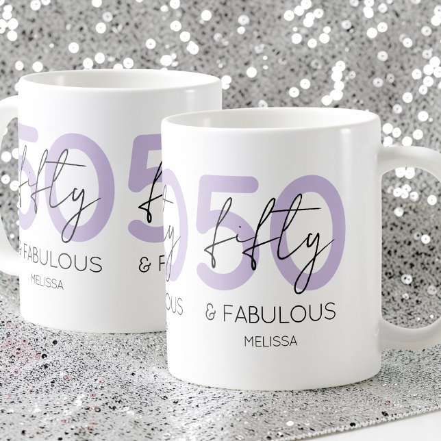 Taza De Café Fiesta de cumpleaños número 50 con guión 'Purple 5 (Purple 50 and fabulous Script 50th Birthday Party Coffee Mug)
