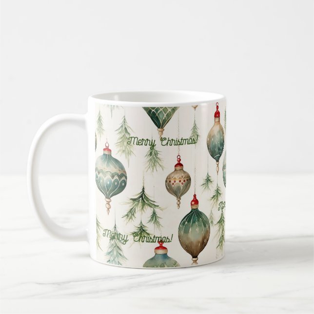Taza De Café Fiesta de Pinos Verdes y Ornamentos (Izquierda)