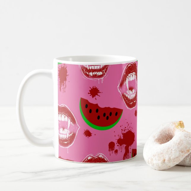Taza De Café Fiesta de Summerween de vampiro comiendo sandía ro (Con donut)