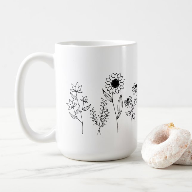 Taza De Café Fila de Floral Stems Boho Line Art (Con donut)