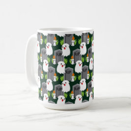 TAZA DE CAFÉ FILAS DE HALLOWEEN GRAVE STONES Y FANTASMAS BLANCO