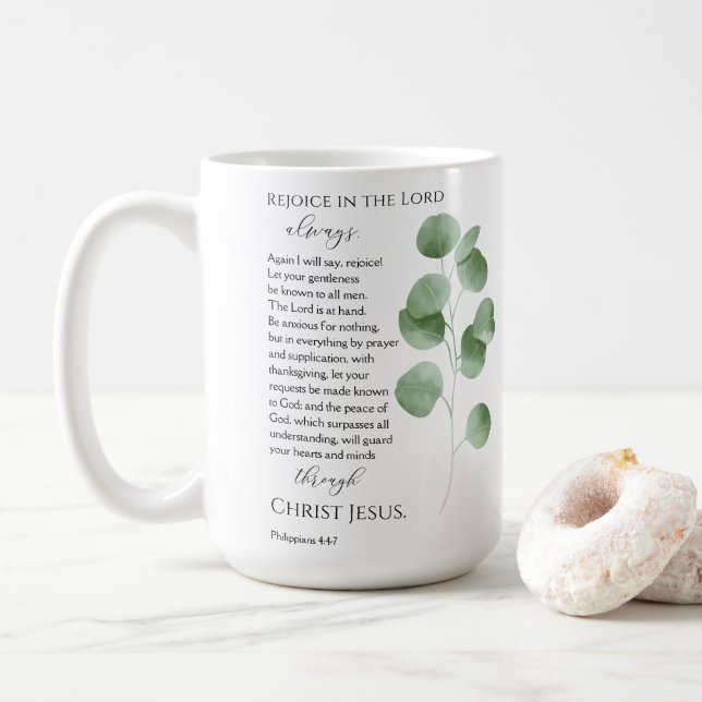 Taza De Café Filipinas 4:4-7 Versos de la Biblia Hojas de Eucal (Con donut)