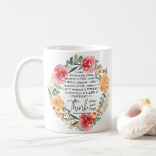 Taza De Café Filipinas 4:8 Wreath floral rosa y amarilla