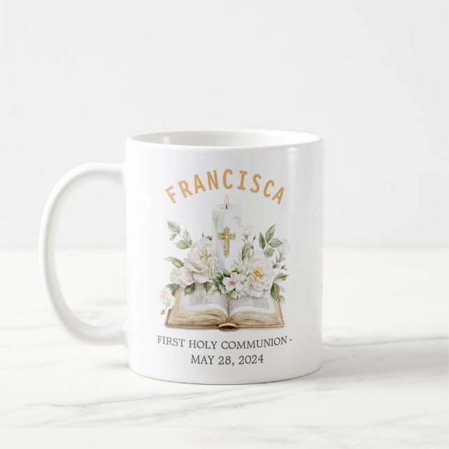 Taza De Café First Holy Communion Floral Bible Religious (Izquierda)