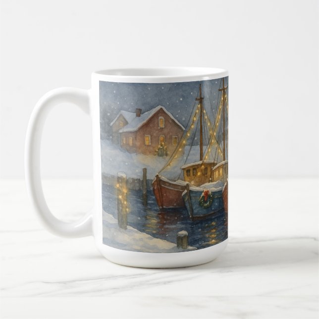 Taza De Café Fishing Boats in Harbor Christmas (Izquierda)