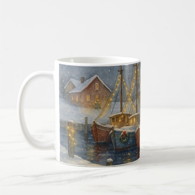 Taza De Café Fishing Boats in Harbor Christmas (Izquierda)