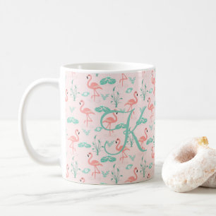 Taza De Café Flamenco Monograma Rosado Verde Tropical Aves