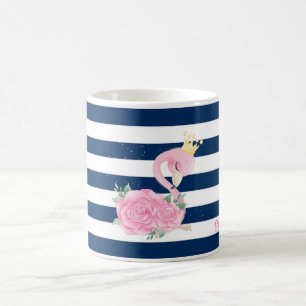 Taza De Café Flamenco Rosa,Corona,Rosas Rayas Azul Marino