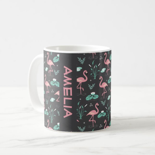 Taza De Café Flamenco rosa patrón gris nombre lindo (Anverso izquierdo)