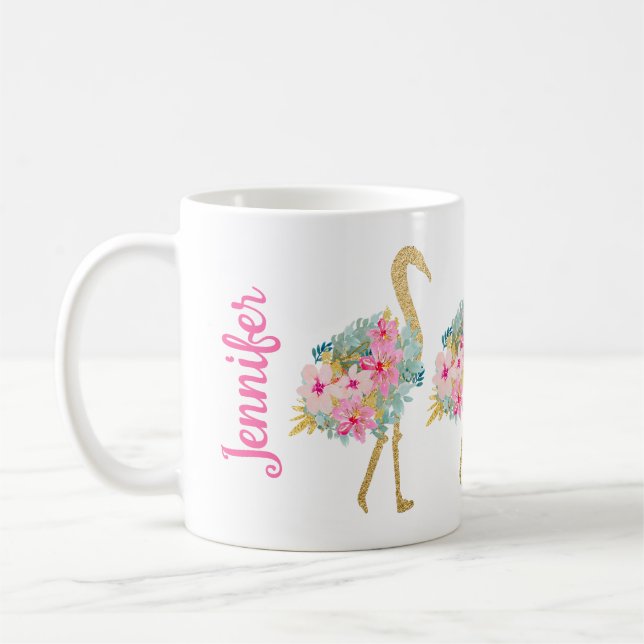 Taza De Café Flamencos de oro y verde rosa floral tropical (Izquierda)