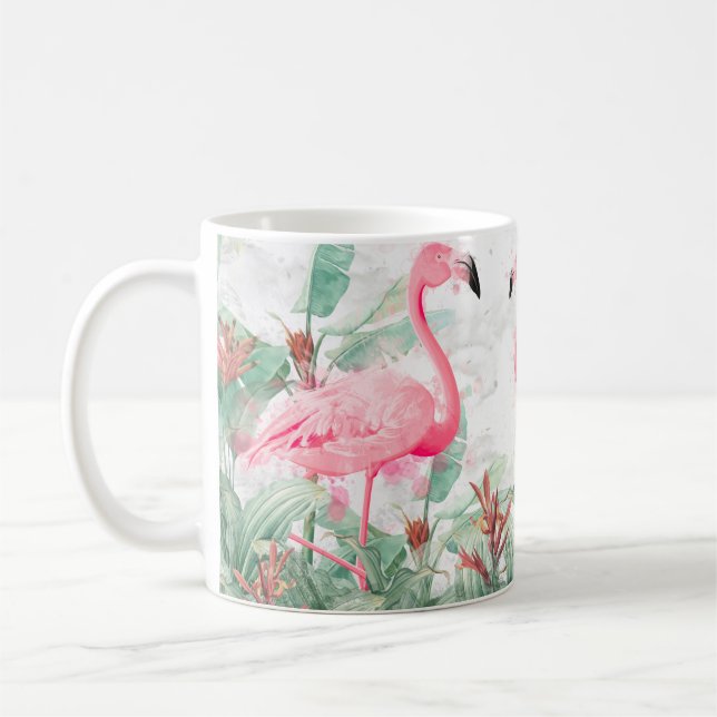 Taza De Café flamencos en plantas tropicales sobre un fondo tex (Izquierda)